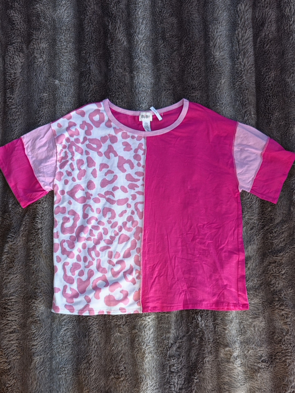 BIBI Hot Pink & Leopard Print Colorblock Waffle Knit Short Sleeve Top M